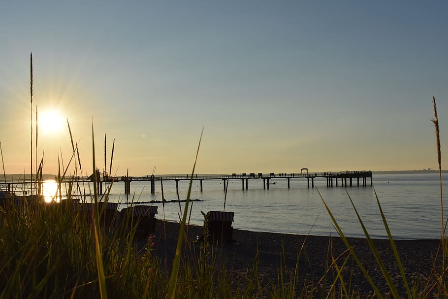 sun, water, sunset, bridge, baltic sea, sky, beauty in nature, HD wallpaper