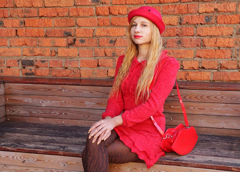the woman in red, lady in red, woman in hat, girl in the hat, HD wallpaper