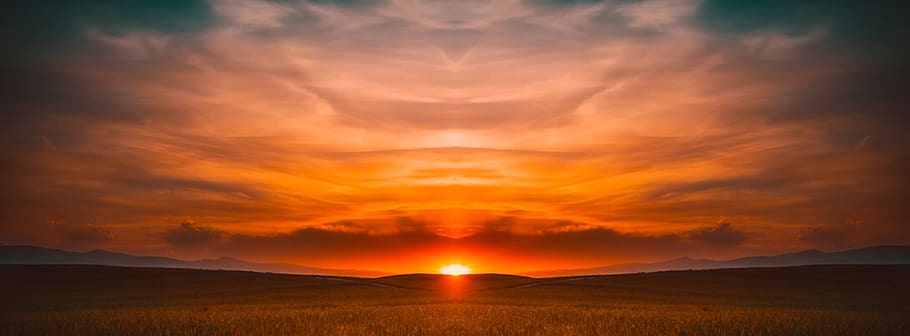 sunset, nature, panorama, sky, majestic, mountains, sunbeam HD wallpaper