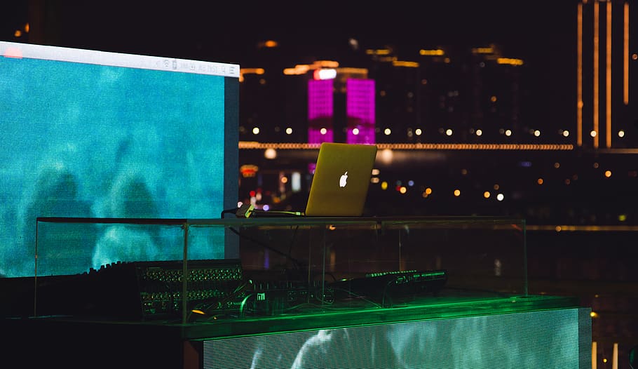 MacBook Air on glass desk near audio mixers, light, laser, lighting, HD wallpaper