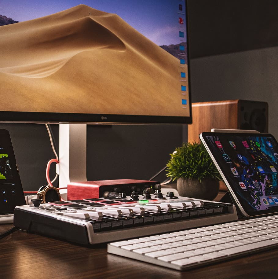 black LG flat screen monitor and wireless keyboard, table, computer, HD wallpaper