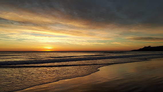 beach, dawn, sea, sky, sand, horizon, peaceful, view, water HD wallpaper