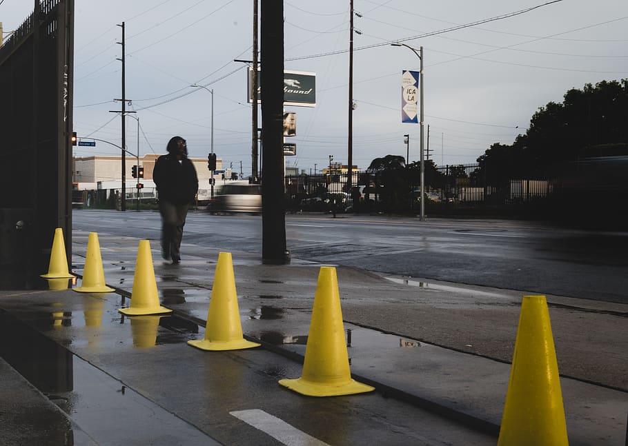 person, human, cone, road, tarmac, asphalt, city, city street HD wallpaper