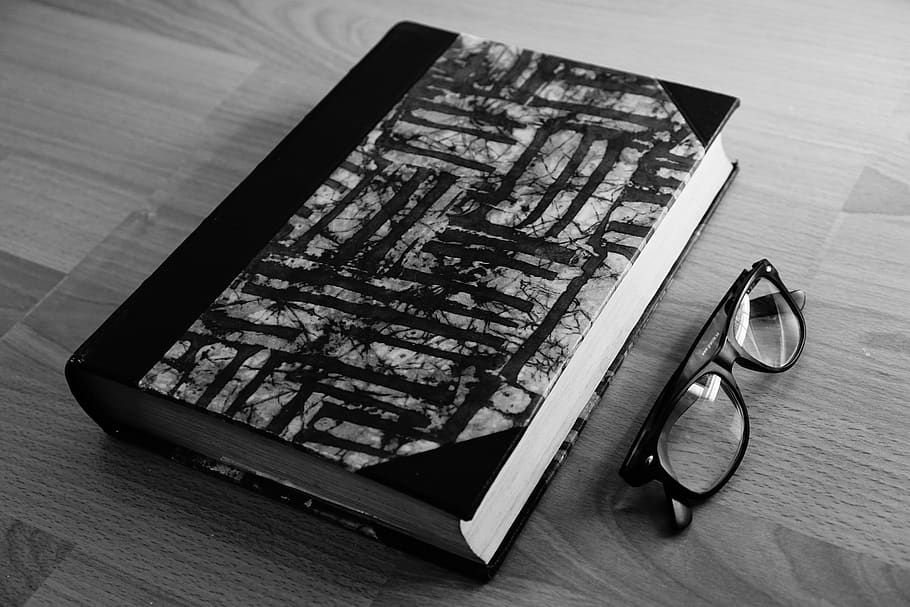 Grayscale Photo of Eyeglasses Near Thickbound Book, black-and-white HD wallpaper