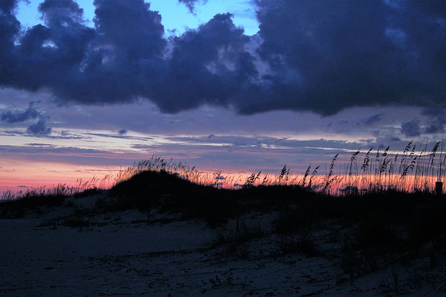 usa, fort morgan, fort morgan beach, beach sunset, dunes, clouds, HD wallpaper