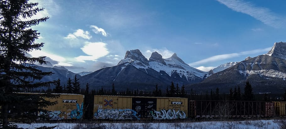 intermodal container near snow mountain, sky, scenics - nature HD wallpaper