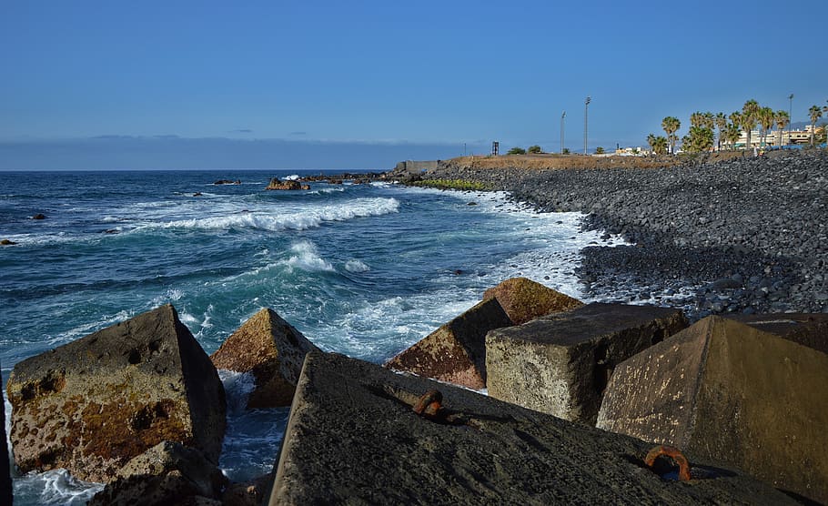 spain, puerto de la cruz, blue, rock, square, beach, sea, ocean, HD wallpaper