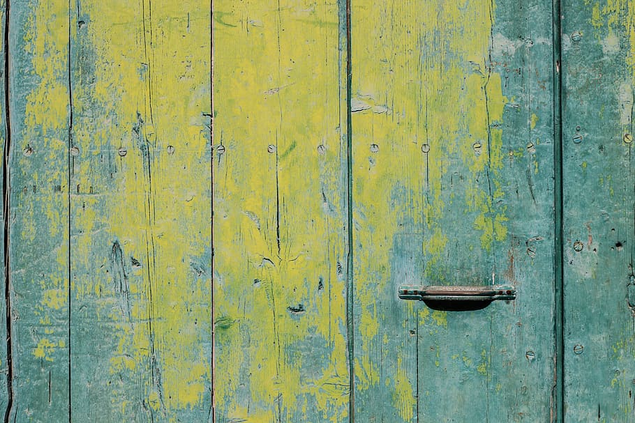 closeup photo of yellow and teal wooden board, door, handle, paint HD wallpaper