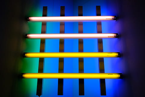 multicolored fluorescent lamps, light, shelf, nederland, rotterdam HD wallpaper