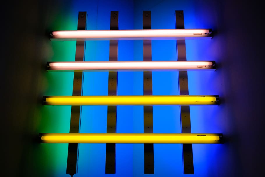 multicolored fluorescent lamps, light, shelf, nederland, rotterdam HD wallpaper