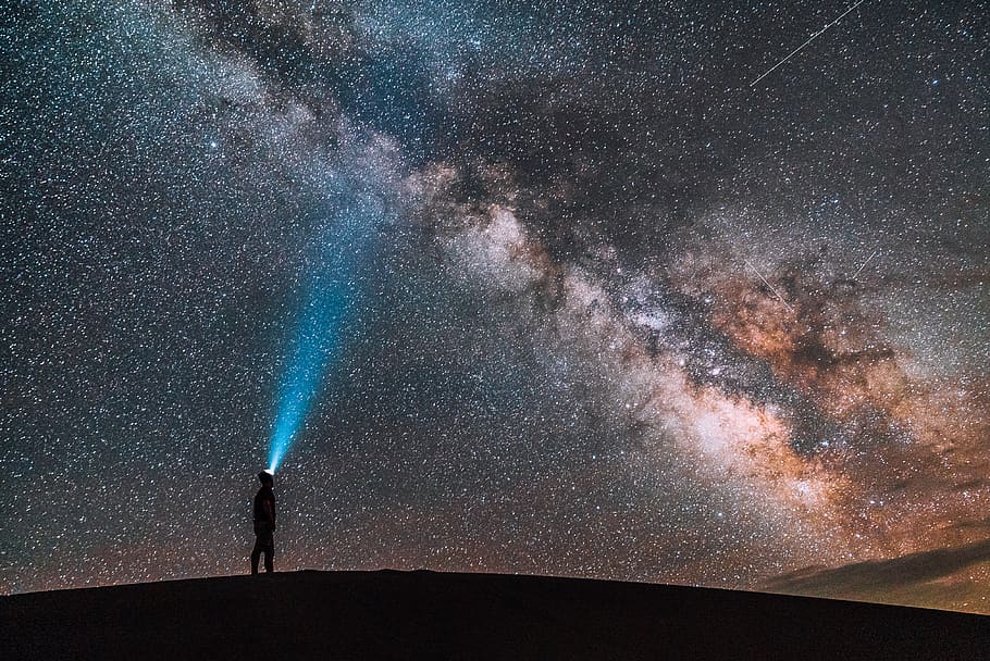man with LED headlight looking upward, star - space, astronomy HD wallpaper