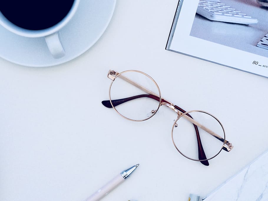 Brown Framed Eyeglasses Near Cup of Coffee on White Surface, business HD wallpaper