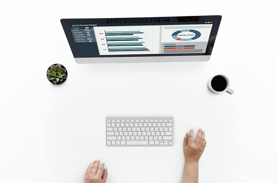 business, coffee cup, computer, data, desk, desktop, flatlay HD wallpaper