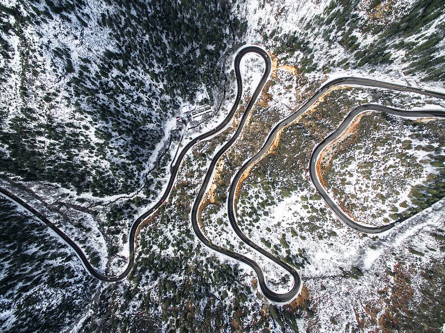 aerial, view, nature, path, road, snow, winter, curve, high angle view HD wallpaper