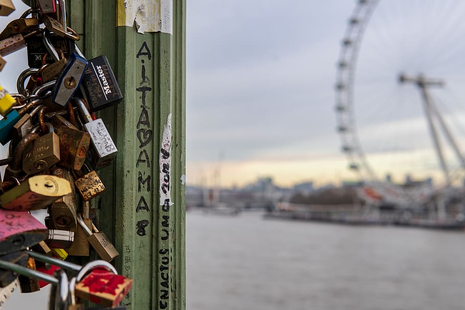 lock, locks, bridge, bokeh, pole, london, eye, london eye, thames HD wallpaper