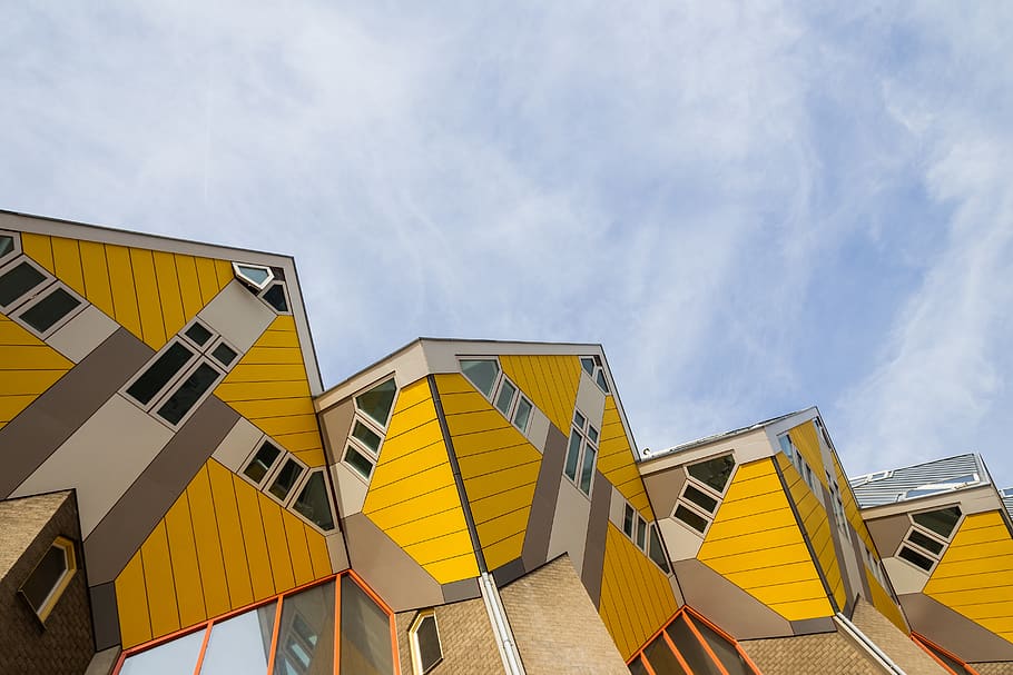 Yellow Houses, architectural design, architecture, blue sky, building HD wallpaper