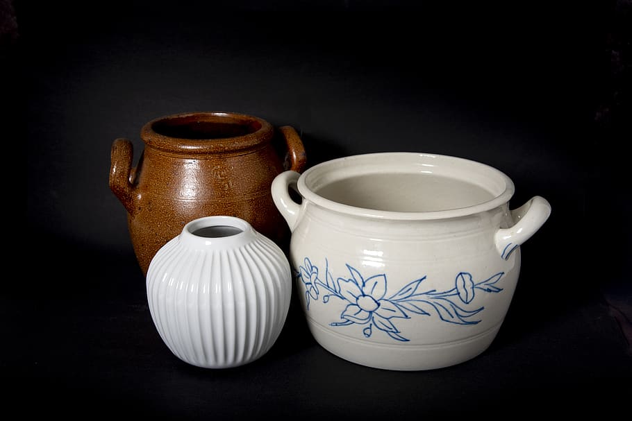 pots, kitchen, vase, bowl, brown, white, cup, indoors, studio shot HD wallpaper