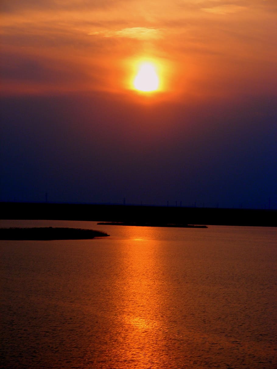 sun, sunset, orange, sky, sea, water, river, beauty in nature HD wallpaper