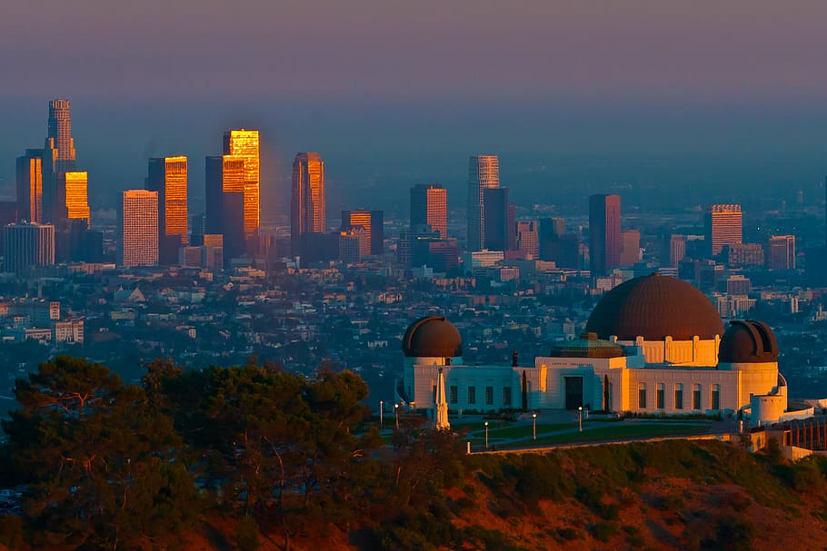 griffith observatory, los angeles, sunset, california, downtown, HD wallpaper