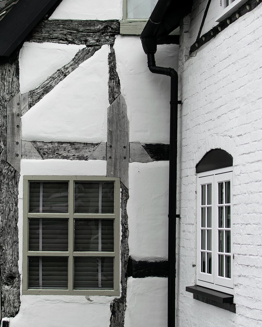 white concrete house, home decor, window, curtain, shutter, window shade HD wallpaper