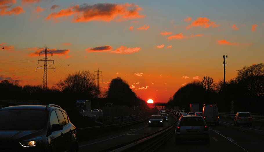 highway, traffic, sunset, road, vehicles, fast, autos, motor vehicle HD wallpaper