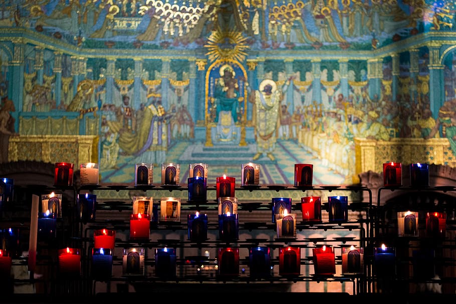 lighted tealight candles, architecture, building, lighting, church HD wallpaper