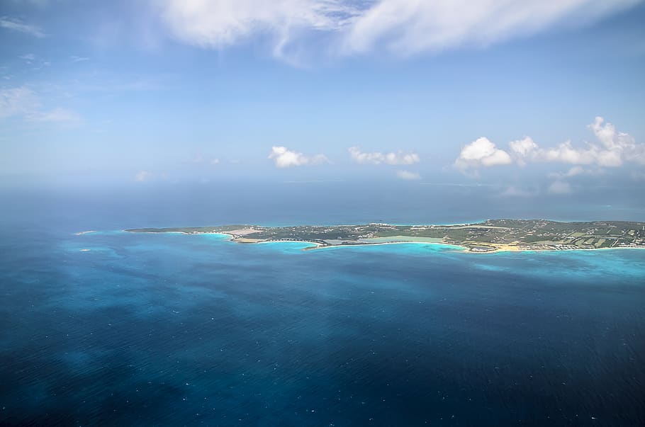 island under blue sky, nature, outdoors, water, shoreline, ocean HD wallpaper