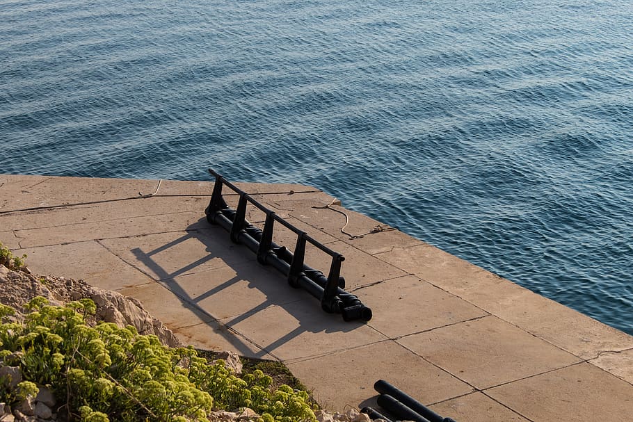 sea, grass, pier, stone, concrete, blue, water, high angle view HD wallpaper