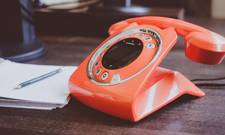 Red Cradle Telephone on Brown Wooden Surface, composition, connection HD wallpaper