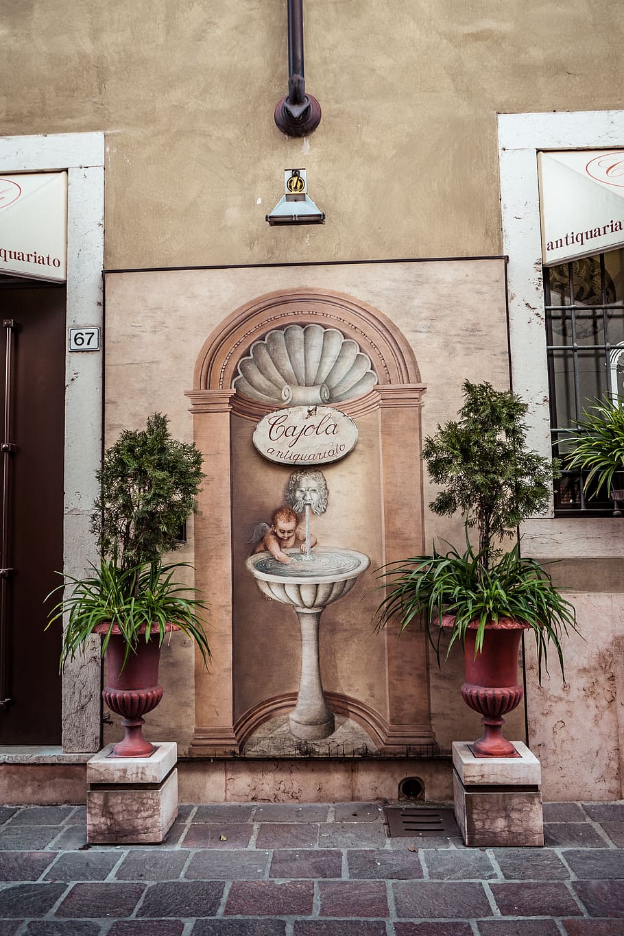 Birdbath Painting on Wall Between Plants, ancient, architecture HD wallpaper