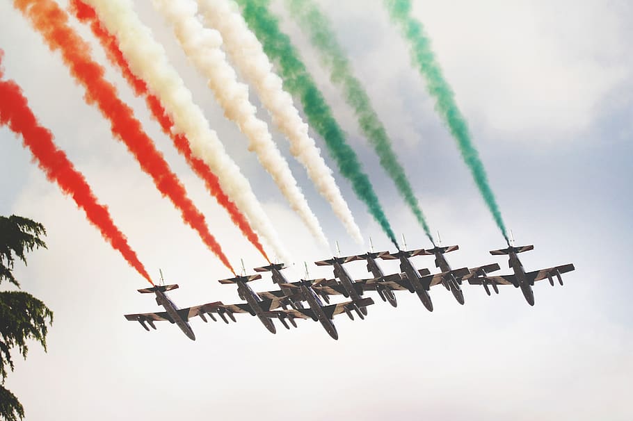 fighting jets performing aerobatics, airplane, air vehicle, smoke - physical structure HD wallpaper
