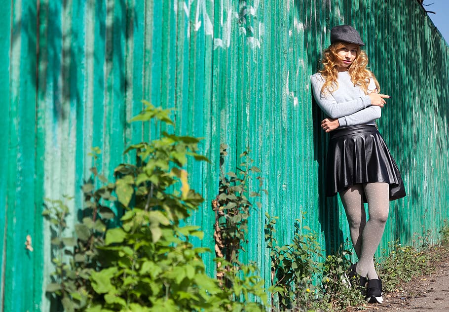 fence, style, leather skirt, cap, wall, wooden, old, background