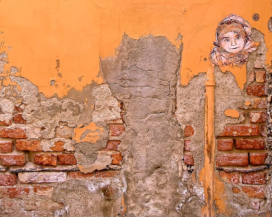 orange, wall, art, paint, rocks, brickwork, wall - building feature HD wallpaper