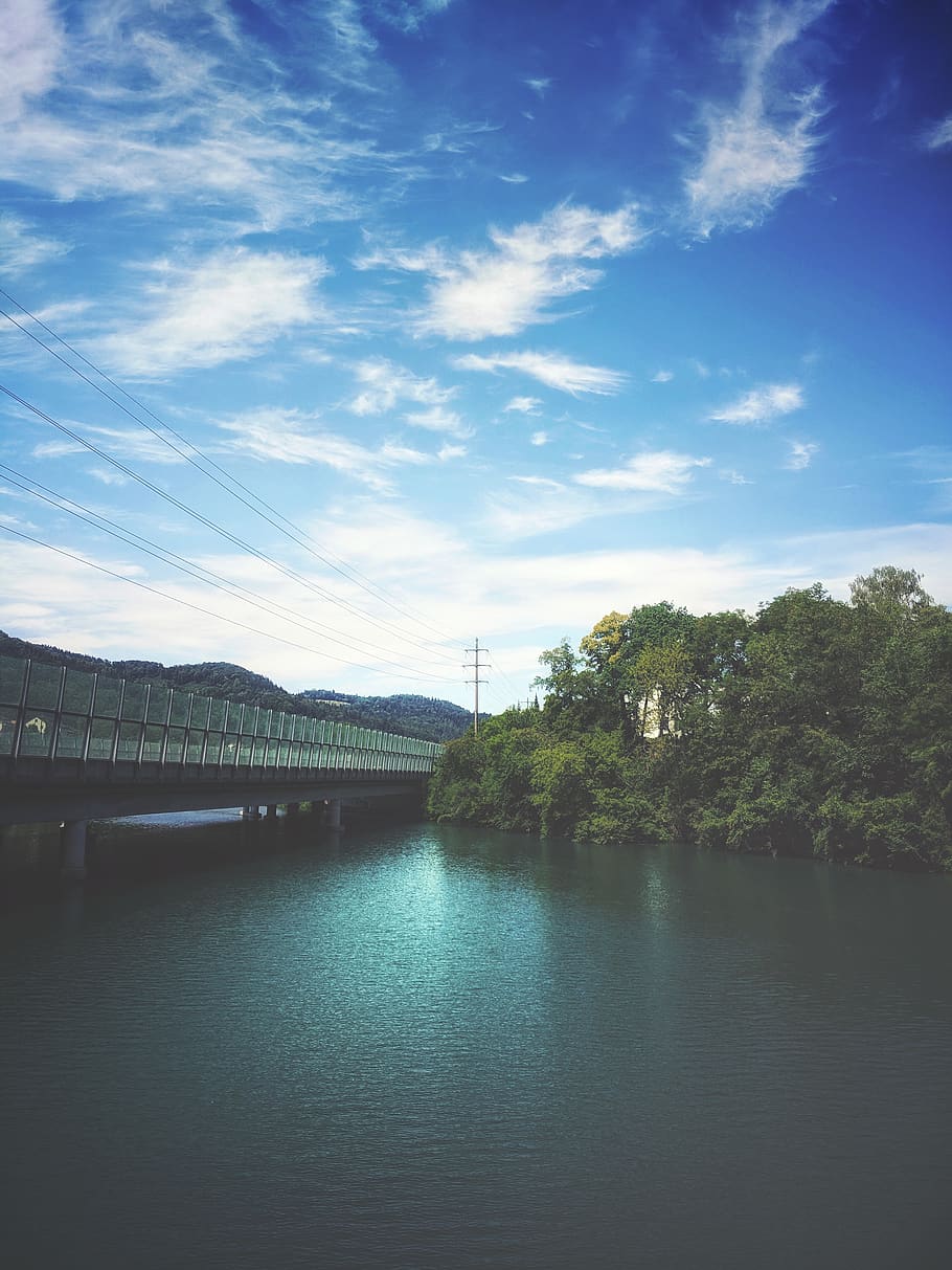 vibrant, daylight, sky, tree, cloudscape, bridge, reflection HD wallpaper