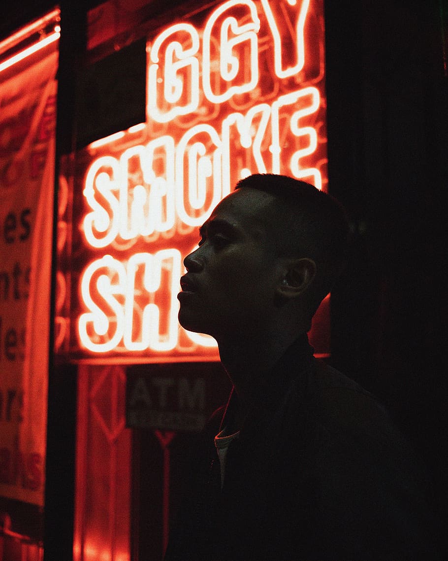 man standing beside neon light, text, communication, western script HD wallpaper