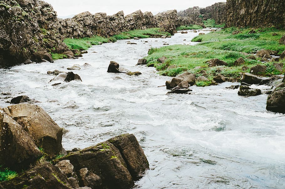 Waterfalls and Boulder Rocks, nature, stones, stream, solid, rock - object HD wallpaper
