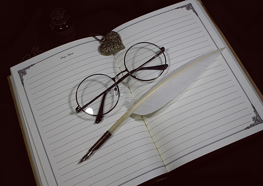 necklace, gothic, dark, diary, book, feather, eyeglasses, retro, HD wallpaper