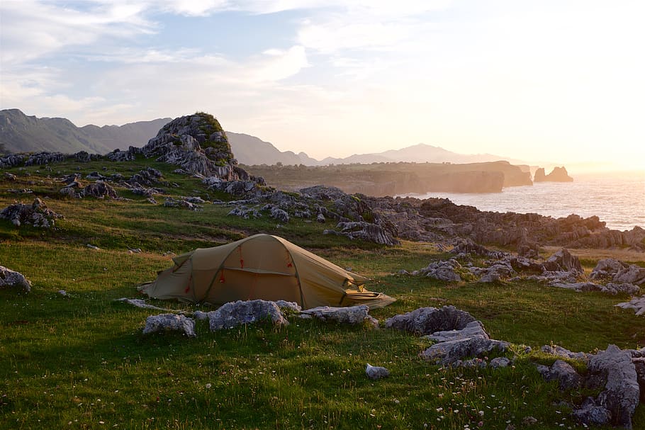 spain, llanes, nueva (asturias ), tent, camping, cliff, sunset, HD wallpaper