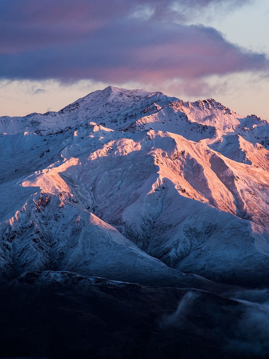 mountain covered with snow, sky, cloudscape, sunset, sunrise HD wallpaper