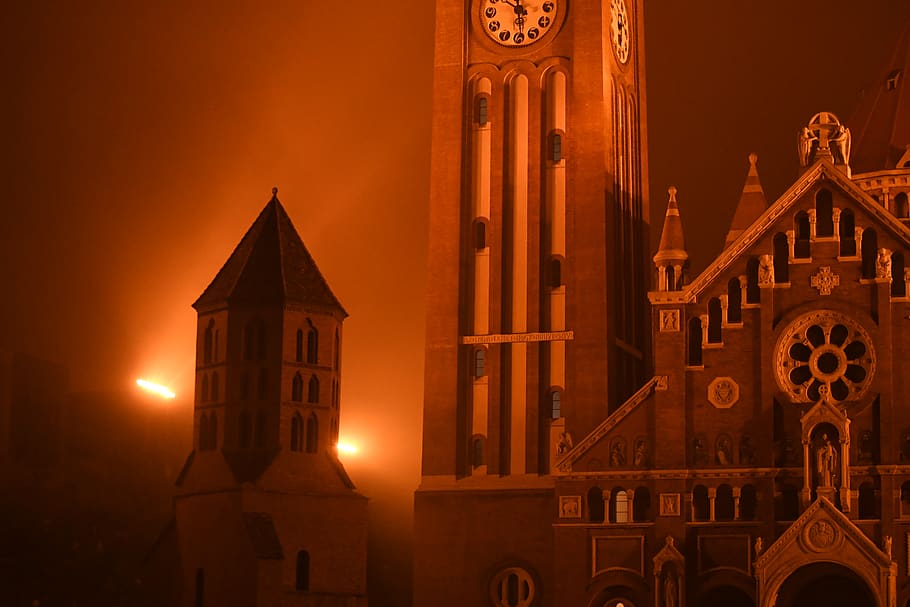 church with tower clock at night, architecture, building, clock tower HD wallpaper