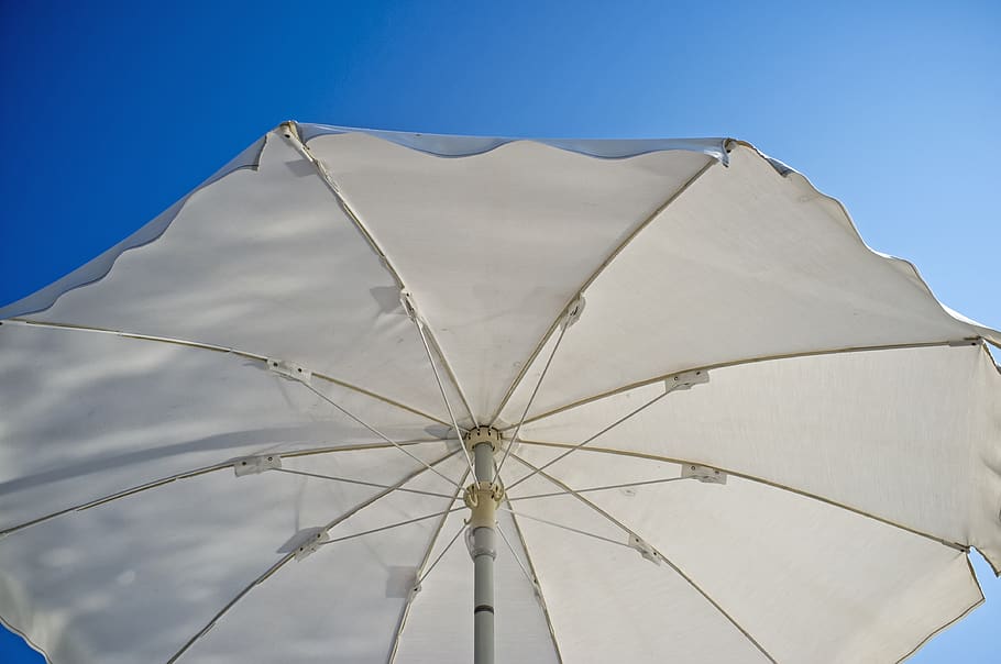 beach umbrella, particular, white, sea, holidays, sky, sun, HD wallpaper