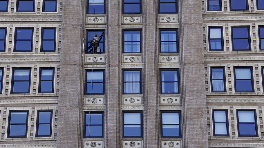 building with blue window curtains, chicago, home decor, usa