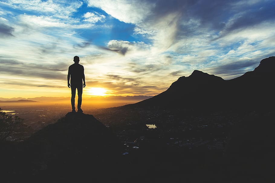 valley, cliff, hill, sunset, sky, cloud, people, man, guy, standing HD wallpaper
