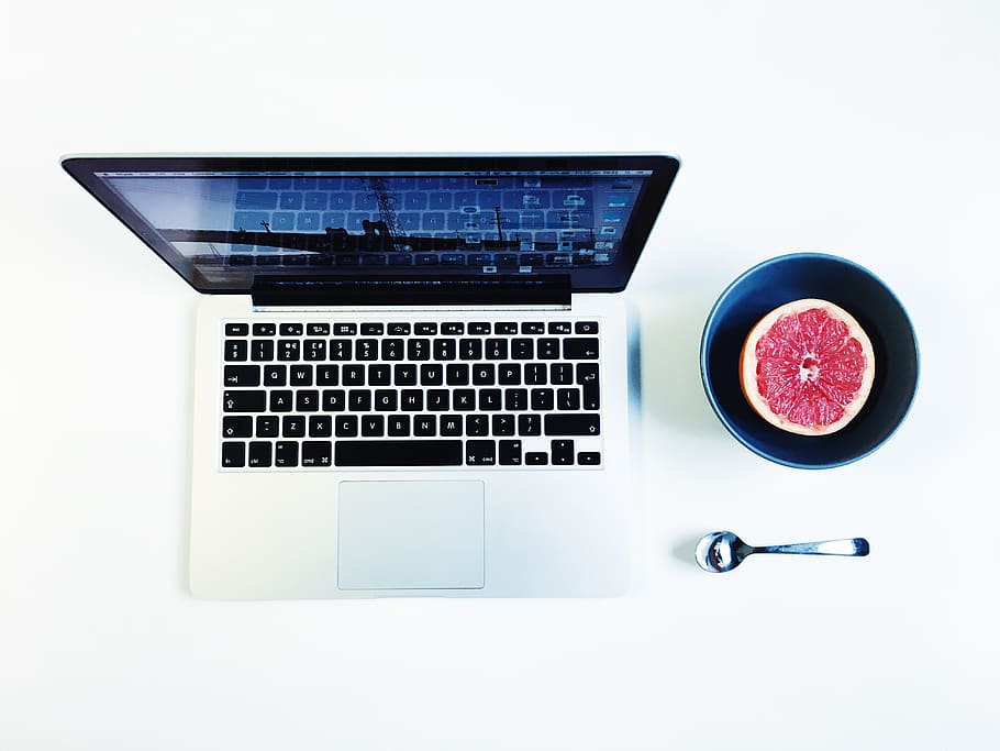 mac, office, minimal, white, breakfast, fruit, grapefruit, work HD wallpaper