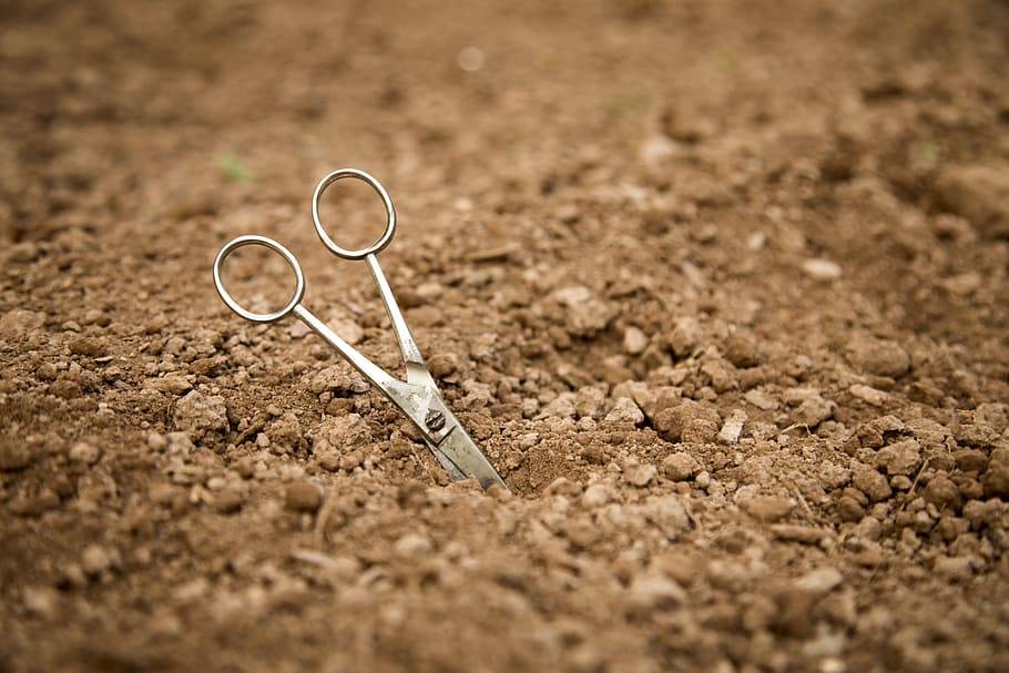 scissors, earth field, ground, bury, insert, cuttling, no people HD wallpaper