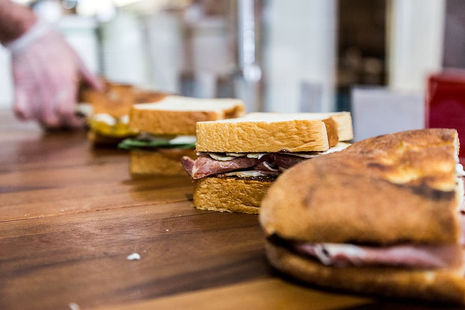 Lined Up Sandwiches on Brown Wooden Table, baked goods, baking HD wallpaper