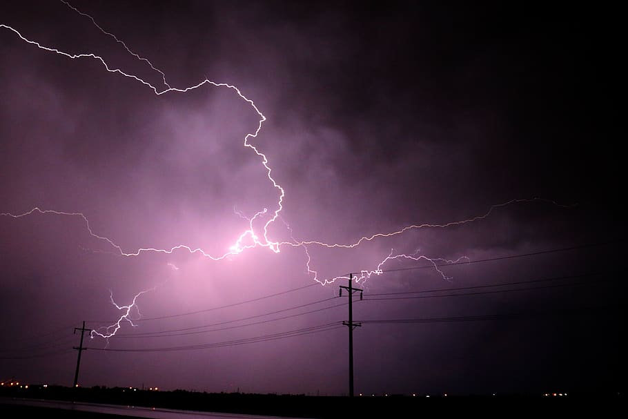 Lightning Strike during Nighttime, bright, calamity, charge, clouds