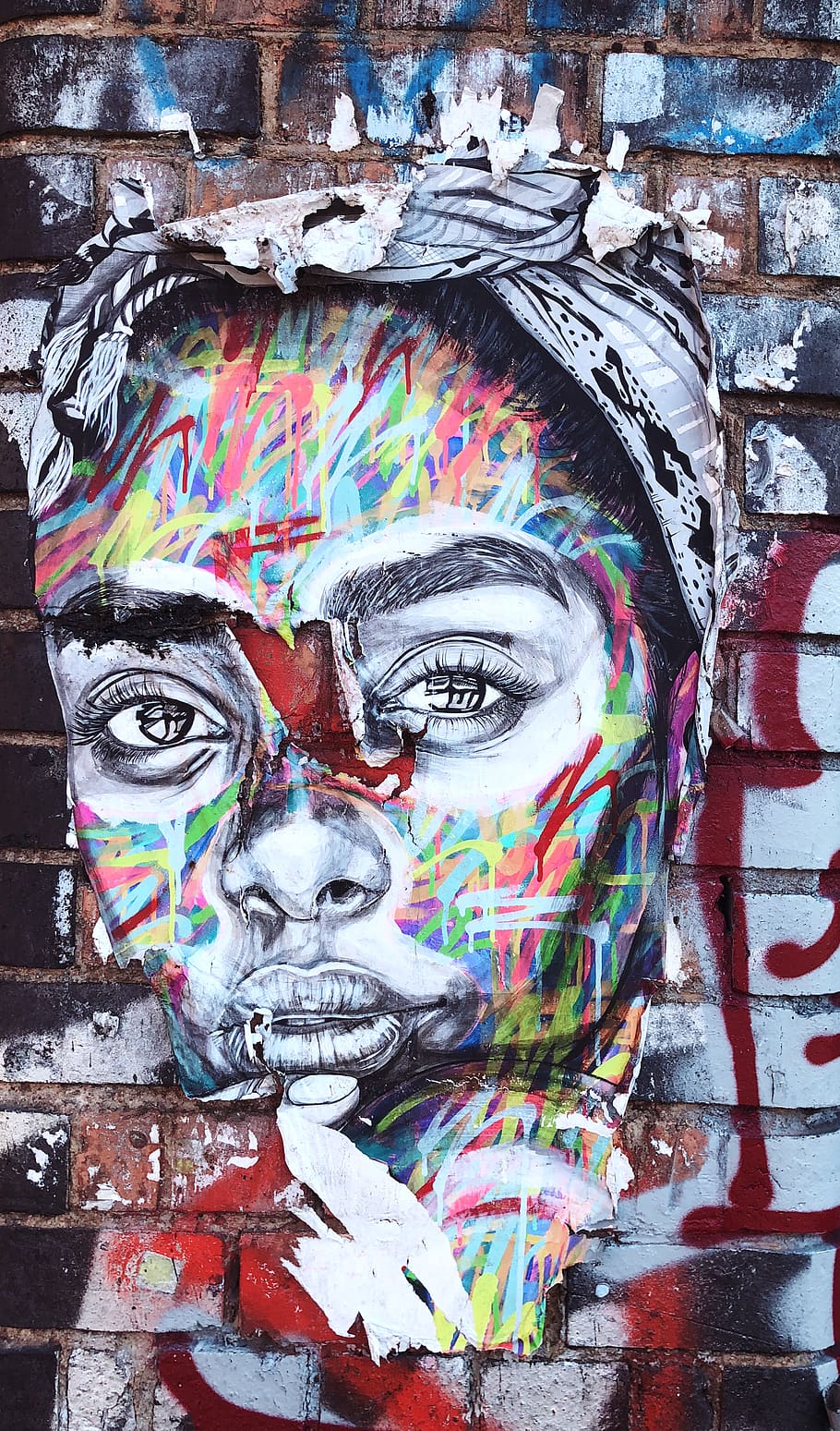 graffiti of woman's face on wall, art, brick, street art, london
