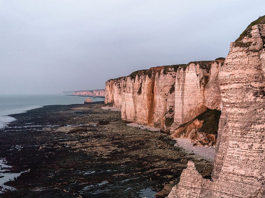 Rock Formation Near Ocean, cliff, cliffside, daylight, france, HD wallpaper