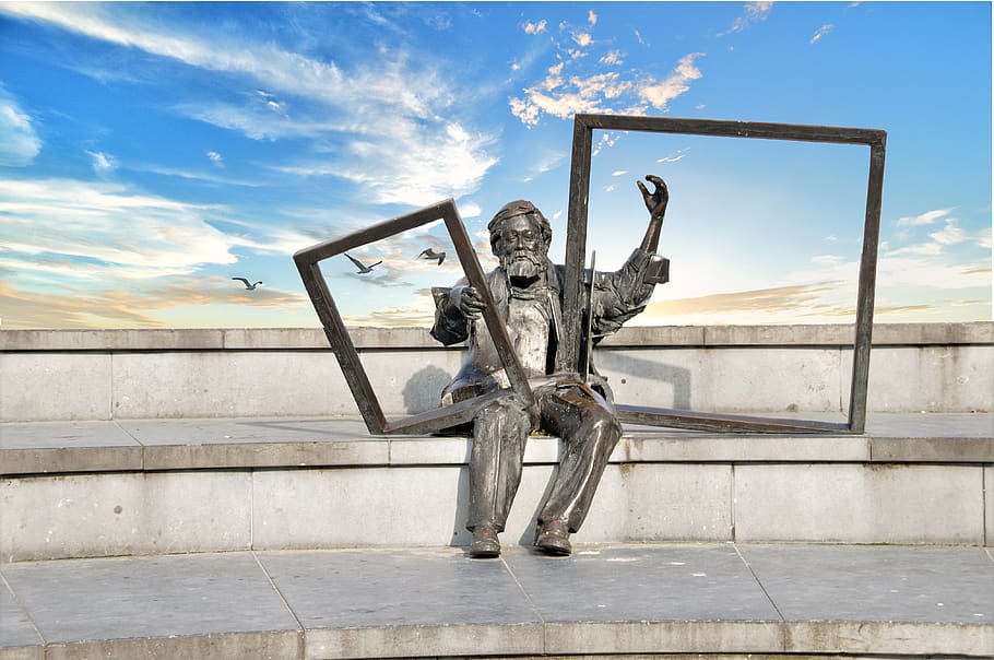 statue, sculpture, painter, monument, deco, sky, sea, seaside HD wallpaper